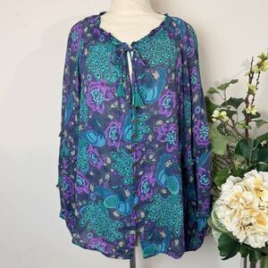 Spell & The Gypsy Boheme Ruffle Blouse | Peacock Floral Print | Large